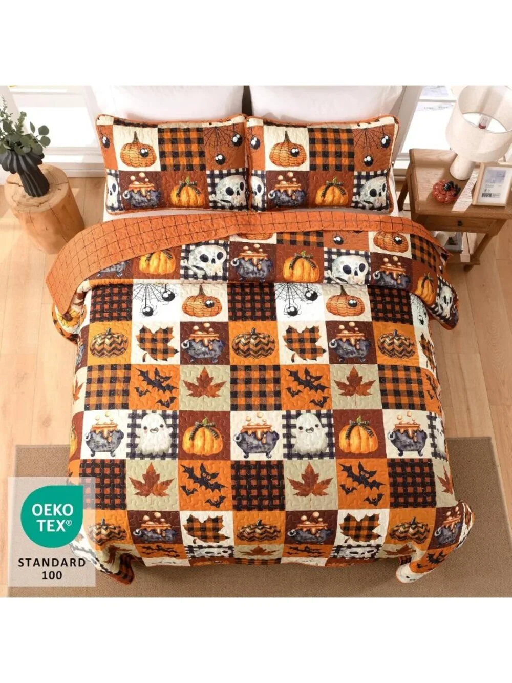 Orange Halloween Queen Quilt Bedding Set - Cartoon Plaid Bedspread for Cozy